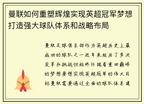 曼联如何重塑辉煌实现英超冠军梦想打造强大球队体系和战略布局