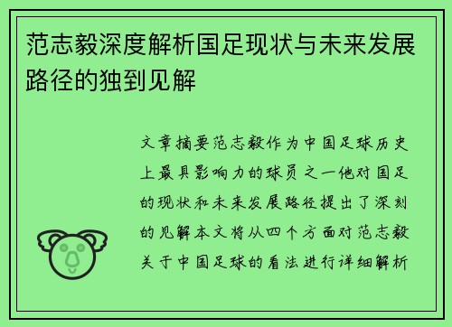 范志毅深度解析国足现状与未来发展路径的独到见解 范志毅深度解析国足现状与未来发展路径的独到见解