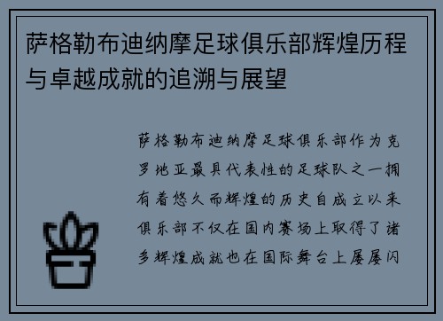 萨格勒布迪纳摩足球俱乐部辉煌历程与卓越成就的追溯与展望 萨格勒布迪纳摩足球俱乐部辉煌历程与卓越成就的追溯与展望