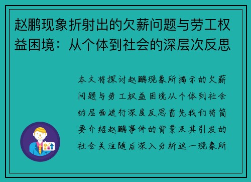 赵鹏现象折射出的欠薪问题与劳工权益困境:从个体到社会的深层次反思 赵鹏现象折射出的欠薪问题与劳工权益困境:从个体到社会的深层次反思