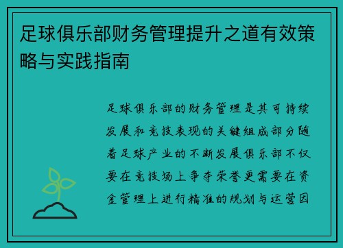 足球俱乐部财务管理提升之道有效策略与实践指南