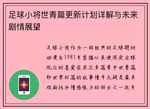 足球小将世青篇更新计划详解与未来剧情展望